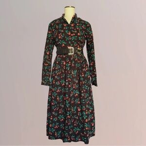 VINTAGE Talbots Long Sleeve Red and Green Floral Print on Black Corduroy Dress